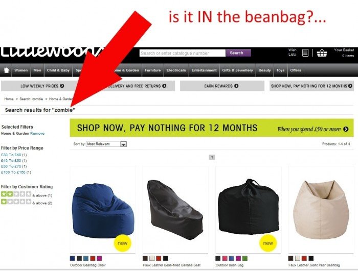 Living dead Sitzsäcke: product search scheitern