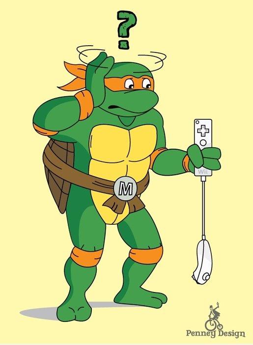 Ninja Turtle mit einer Nintendo Wii Nunchuck