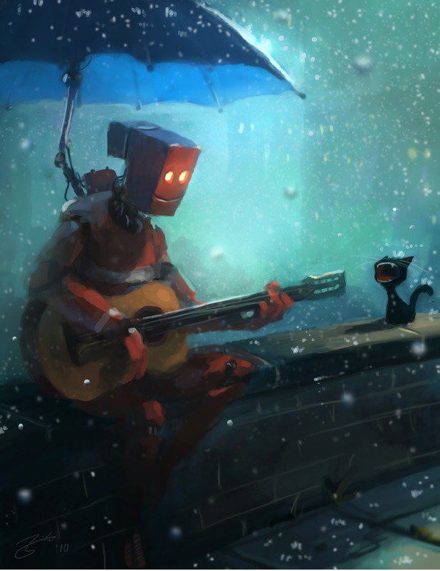 Robot unter einem Regenschirm auf einer Brücke, Gitarre zu spielen, um eine Katze in der regen.