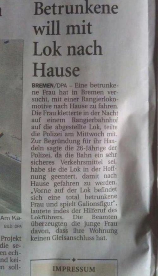 Betrunkene will mit Lok nach Hause - Zeitungsartikel Fail Bild