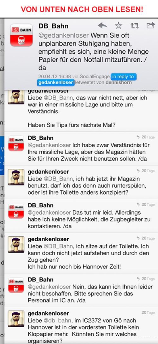 Per Twitter an die Deutsche Bahn - In der vordersten Toilette ist kein Klopapier mehr - Win Bild