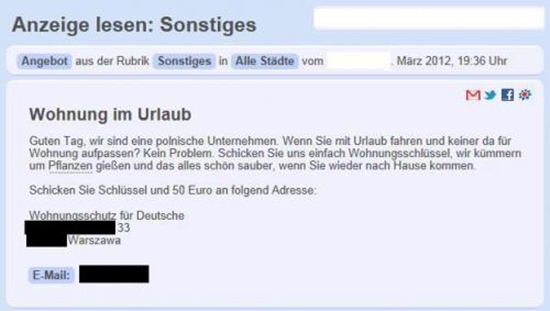 Wohnung im Urlaub - Online-Anzeige Fail Bild